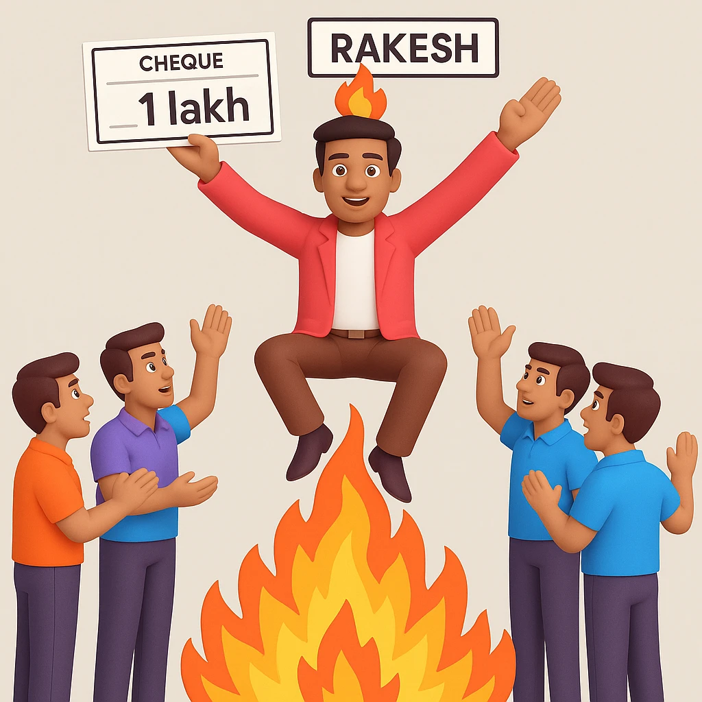 Add 'Rakesh' as a name label above the god-like figure and a prominent 1 lakh check in his hand, with fire and five worshipping team members below. Make both name and check clear and easy to read. emoji