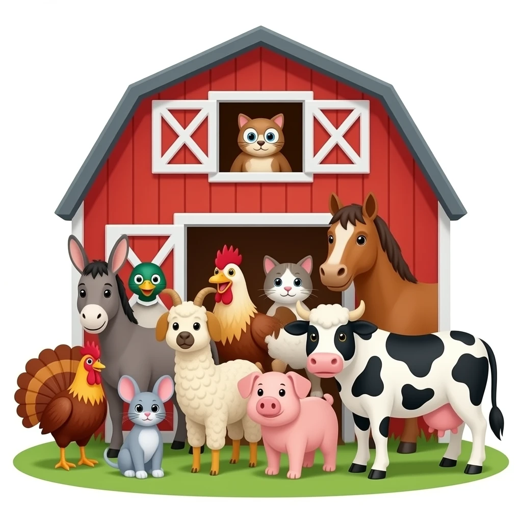 16 farm animals inside the peekaboo barn: bottom door: donkey, duck, sheep, chicken, horse, cat, dog, pig, goat, llama, rooster, mouse, and rabbit. top door: owl. outside: Turkey, and cow emoji