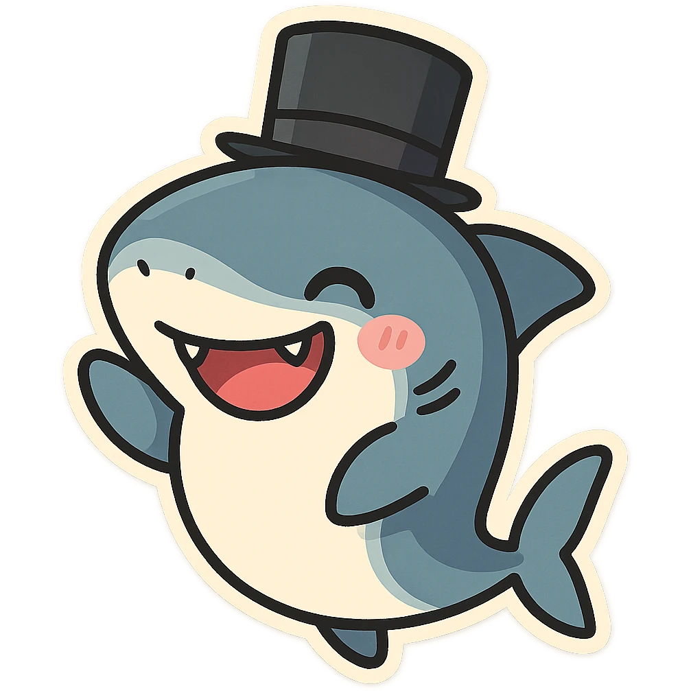 playful shark character with a top hat, cheerful expression emoji