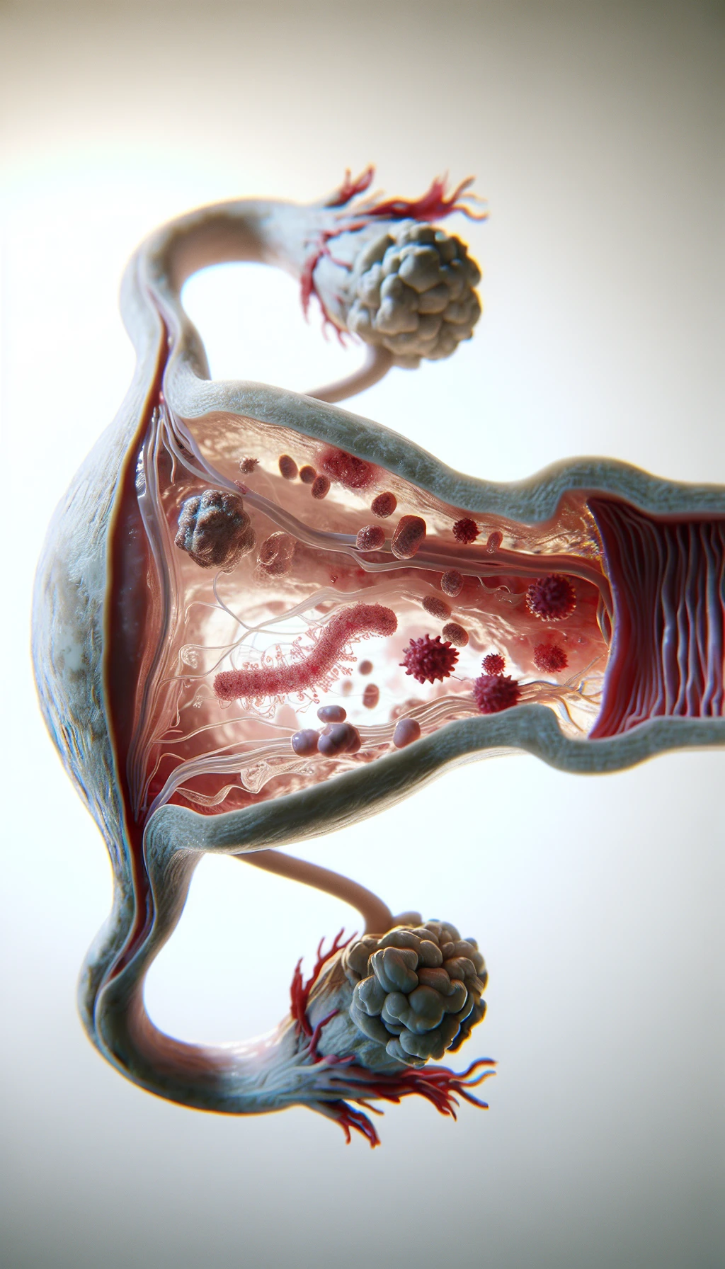 corpo umano anatomico con batteri come la candida nell'utero, sfondo neutro chiaro, iperrealistico 4k emoji