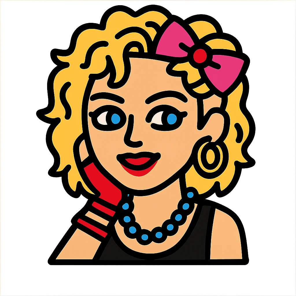 Madonna in 'Borderline' era, stylized as a cartoon icon, bold colors, 80s fashion, playful expression emoji