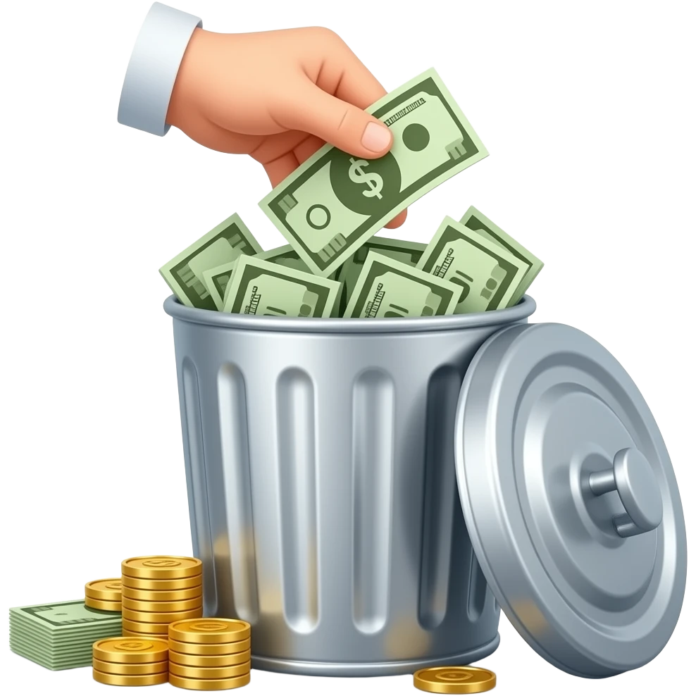 Emoji style, metallic silver bin overflowing with money, hand dropping bills inside, 3D render, clean lines, white background. emoji