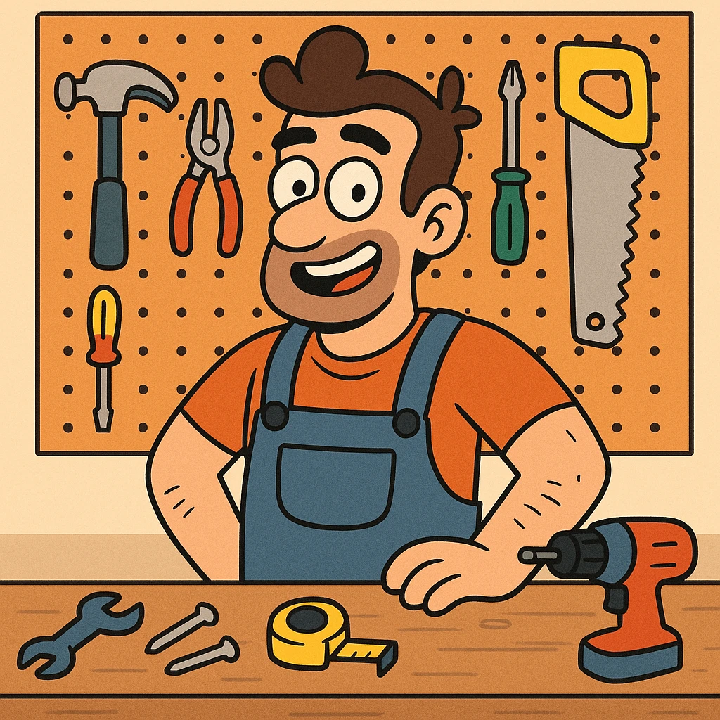cartoon-style workshop with colorful tools and a pegboard, vibrant and playful emoji
