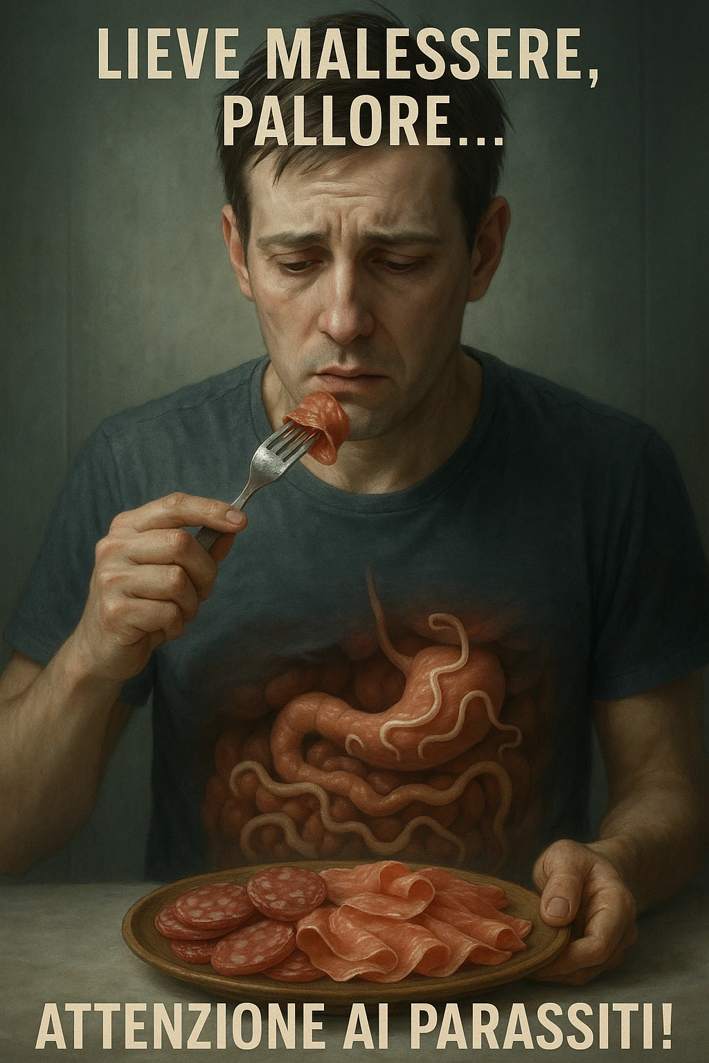 vertical realistic cinematic illustration of a man eating sliced cured meats, with a gradual appearance of intestinal parasites and early symptoms of malaise, clinical atmosphere, dramatic lighting, Italian captions, aspect ratio 2:3 emoji