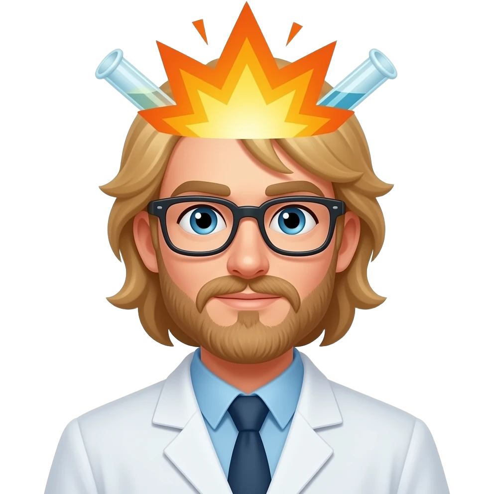 male scientist with no facial hair experiencing a flask exploding near his head of long blonde hair emoji