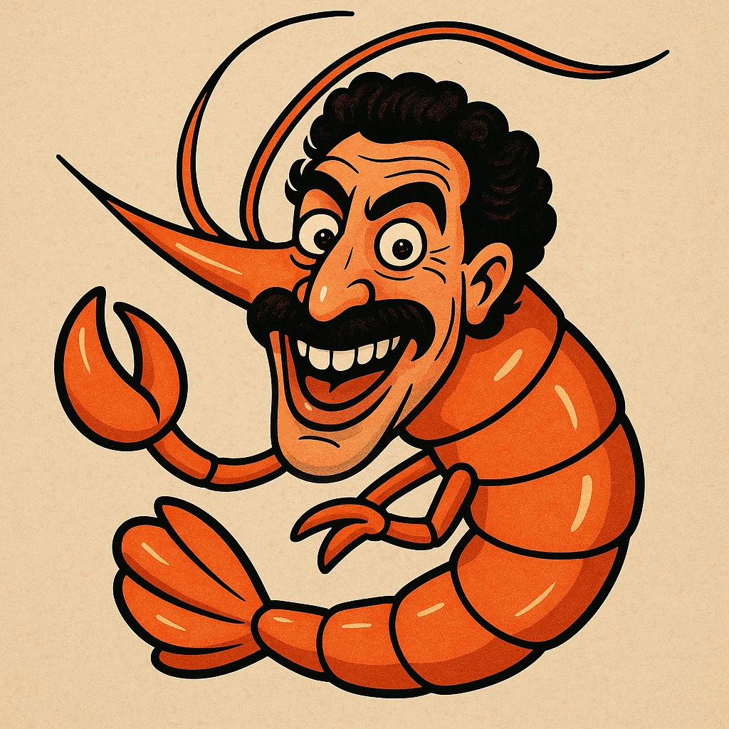 a shrimp with the face of Borat, humorous and expressive, cartoon style emoji