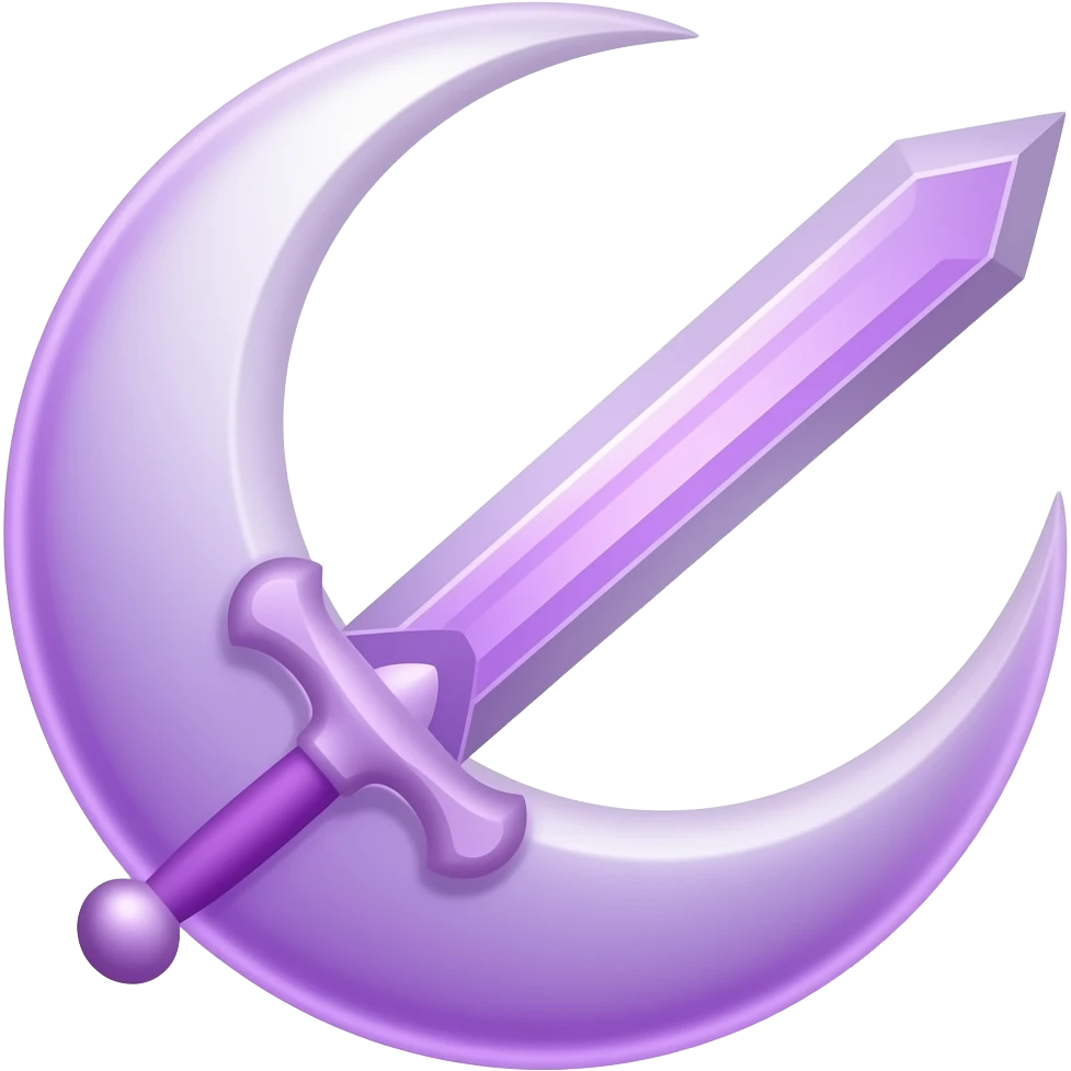 transparent purple detailed crescent moon with an elegant detailed glowing transparent sword, emoji style. The sword is positioned so that the blade points away from the moon and the hilt faces toward the moon (blade facing outward, not toward the moon). Soft violet and pink glow emoji