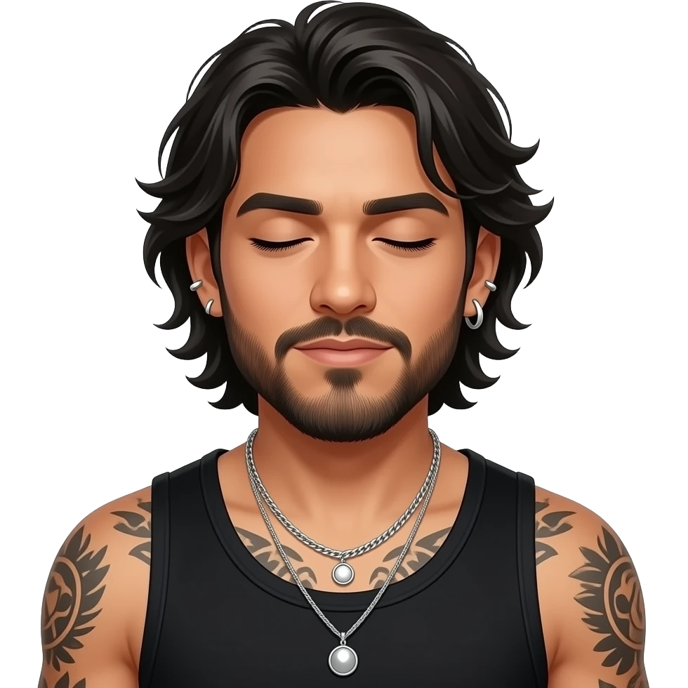 handsome, manly Latino podcast host with black colored eyes wearing a black tank top with silver jewelry, with medium length hair, a very long, lightly graying beard and tattoos, his ear and nose pierced, his hair is a disheveled because he just woke up, eyes barely open emoji