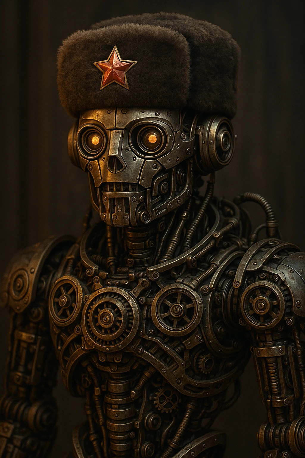 Mateo as a robot wearing a Russian shapka hat, visible gears and metal parts, intricate robotic design emoji