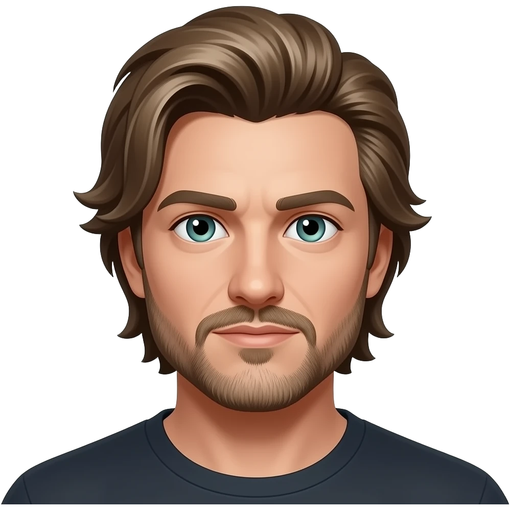 Mullet with side flares, hazel blue green eyes, some grays with mostly hazel hair, 5 o’clock shade beard emoji