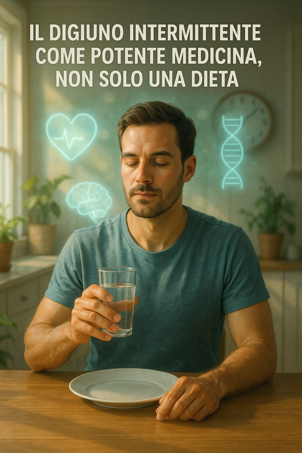 A realistic, cinematic illustration of a healthy, calm man in his early 30s sitting in a bright kitchen in the morning, with an empty plate in front of him and a glass of water in his hand, looking serene and focused. Behind him, the background shows subtle symbols of health: green plants, sunlight streaming in, and a blurred wall clock showing 10:00, symbolizing the fasting window. Above the man, a translucent overlay of medical icons (heart, brain, DNA strand) glows softly, illustrating that intermittent fasting acts as a powerful medicine, not merely a diet. The color palette is fresh and natural, emphasizing health, clarity, and focus. The style is realistic with slight cinematic tones, conveying that the man is using intermittent fasting as a tool for cellular regeneration, inflammation reduction, and health optimization rather than weight loss in italiano emoji