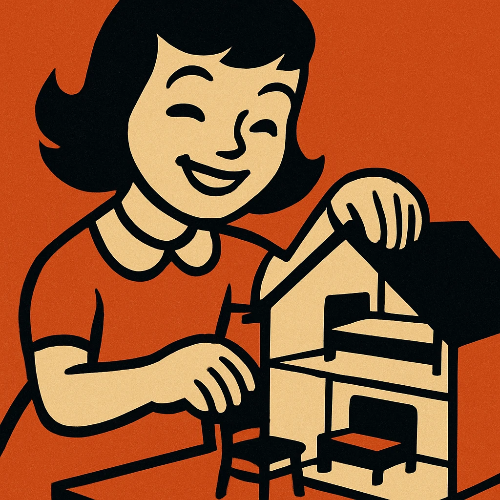 smiling girl arranging furniture in doll house emoji