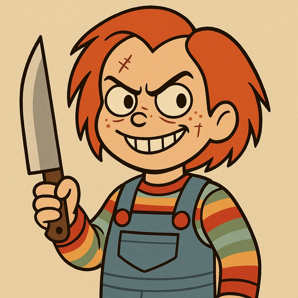 Chucky the doll cartoon style, red hair, striped shirt, overalls, mischievous grin emoji