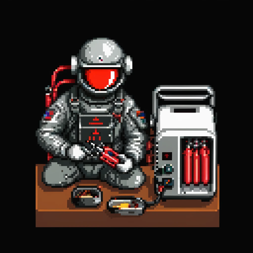 a SNES box art image of a man in a heavy EOD protective milsuit, using pliers in his hand to repair a toaster with three red tubes connected to it. Cutscene graphic emoji