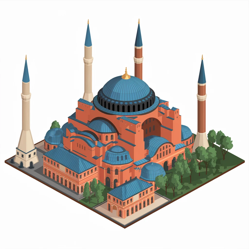 Isometric illustration of Istanbul, featuring real photorealistic Hagia Sophia with ts large central dome and four tall minarets, with real transparent background emoji