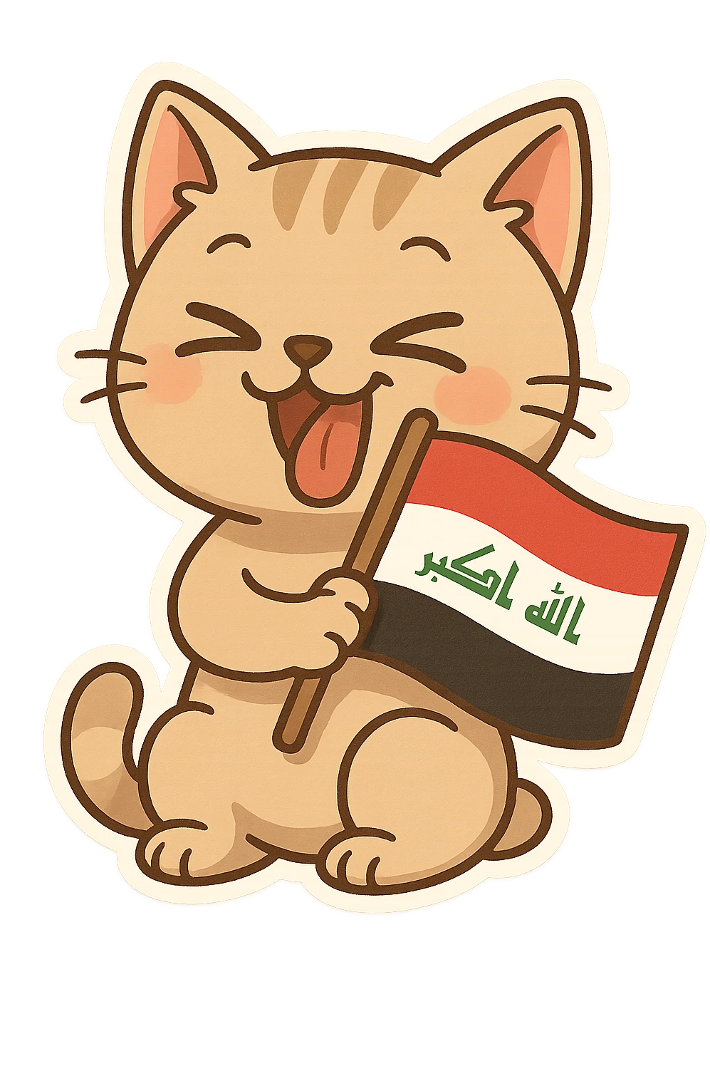 cat making a goofy face while holding the Iraq flag, cartoon style emoji