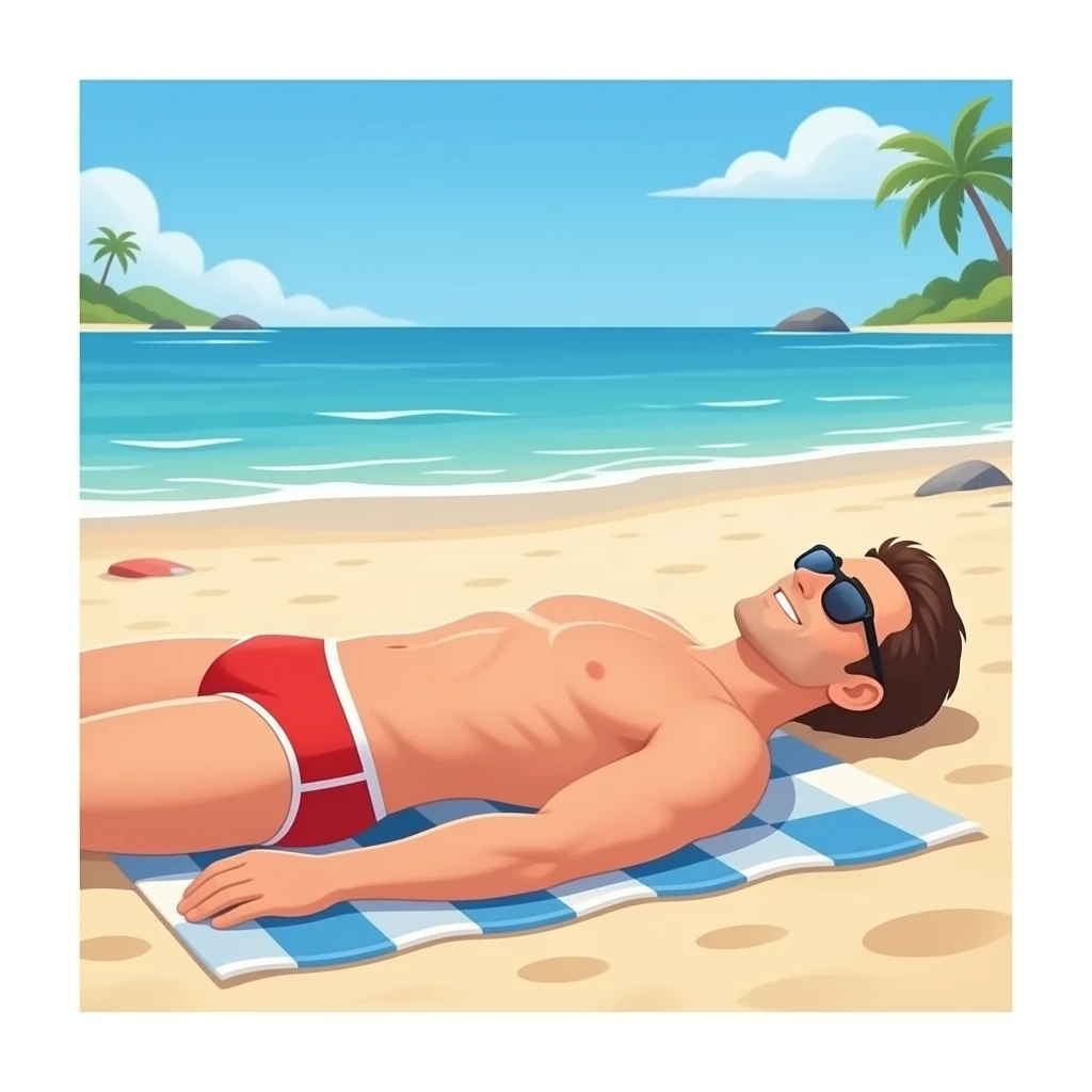 Erstelle ein Bild von einem Strand, mit im Bild ist ein Mann zusehen der sich im liegen sonnt, er trägt rote enge speedo und Oberkörper frei und trägt eine Sonnenbrille emoji