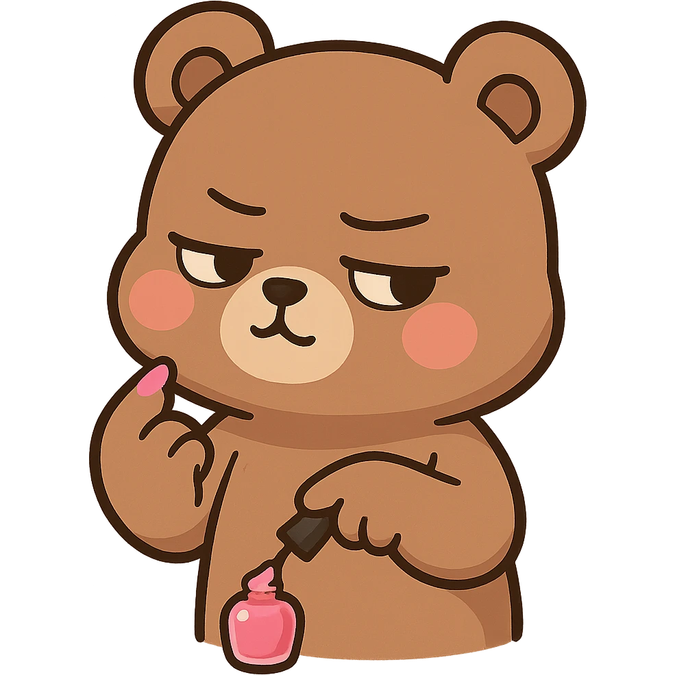 A brown bear paints his own pink nail polish, with a smug expression and a haughty attitude emoji