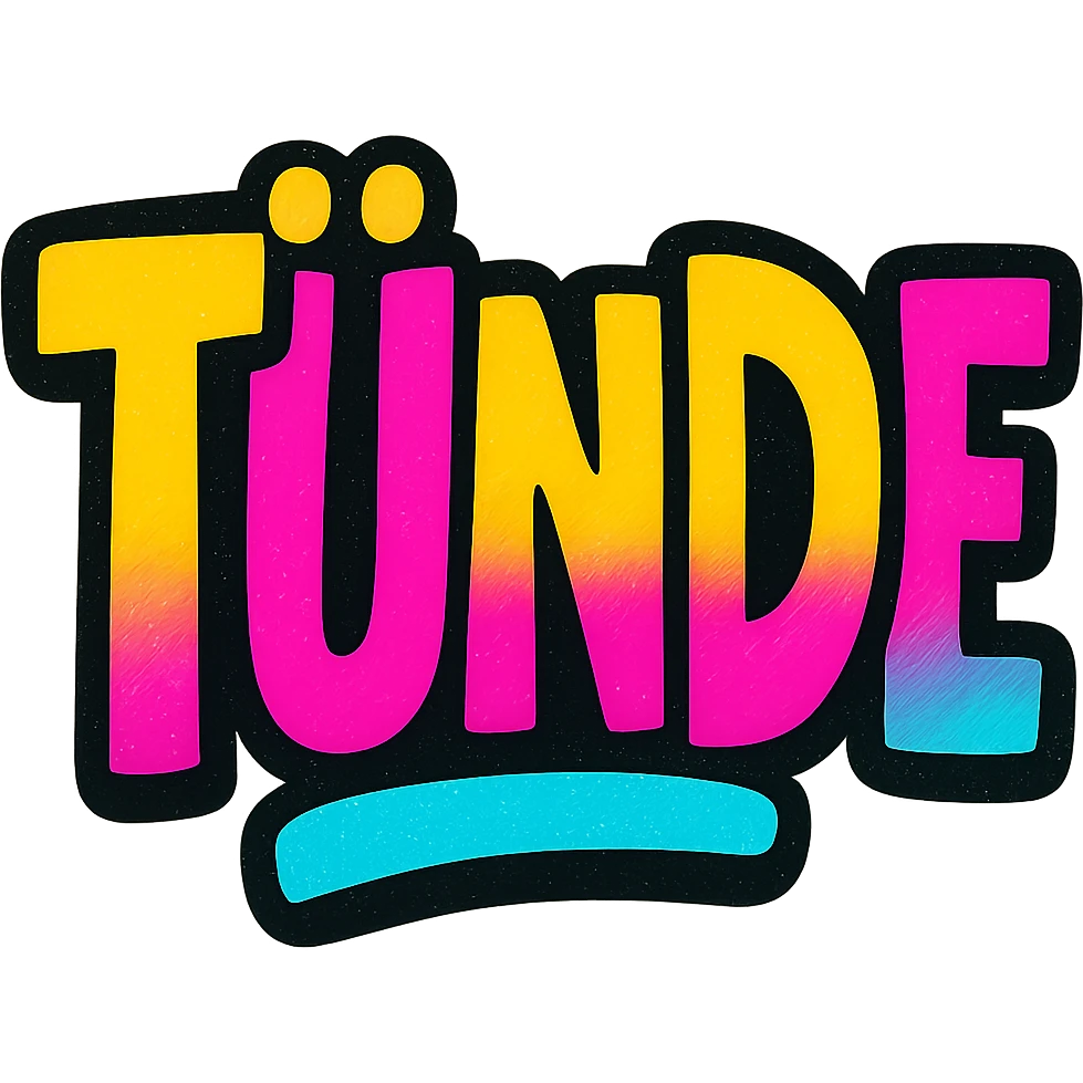 Tünde name in modern colorful gradient font with dark outline, transparent background, in the style of sample images emoji