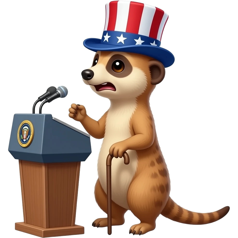 сурикат в образі президента сша з капелюхом в кольори американського прапору, з тростинкою, він стоїть за трибуною та виукує промову, він дуже емоційний та стоїть напівобертом emoji