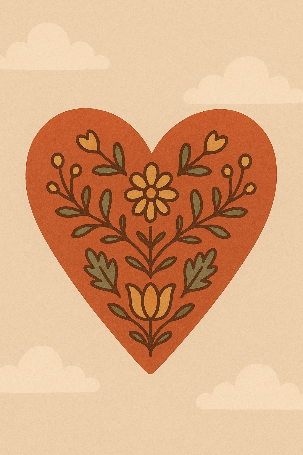red heart with minimalist Scandinavian folk art nature motif, clean lines, simple floral elements, inspired by Swedish Dala painting emoji