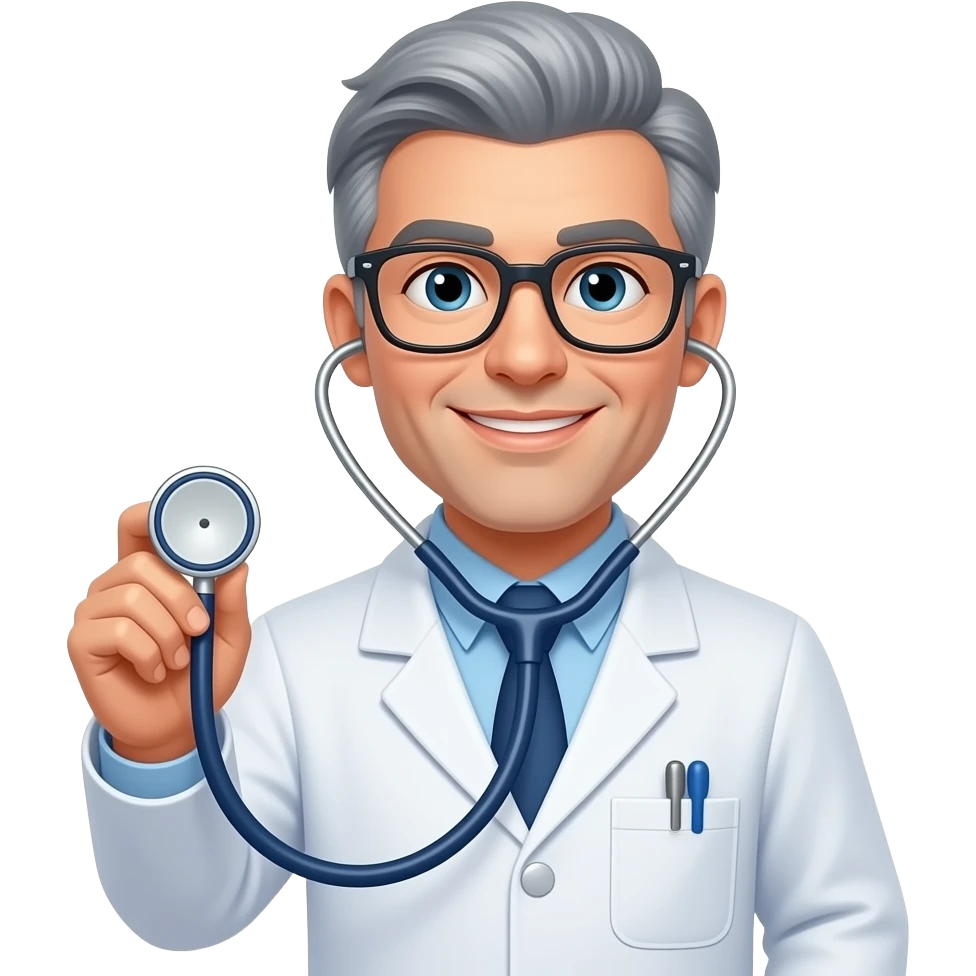 male doctor grey hair glasses holding stethoscope left handed emoji