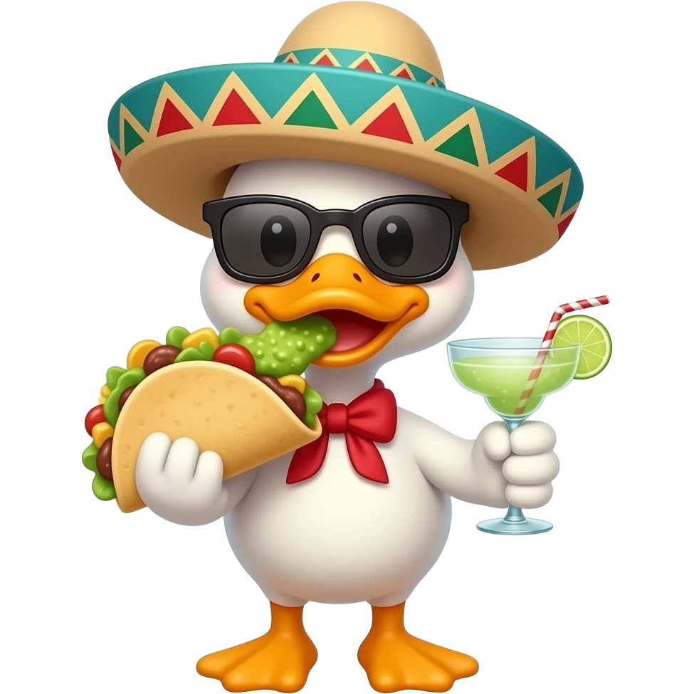 cute animated ducky eating tacos and guacamole,wearing a pancho sunglasses and sombrero drinking a margarita emoji