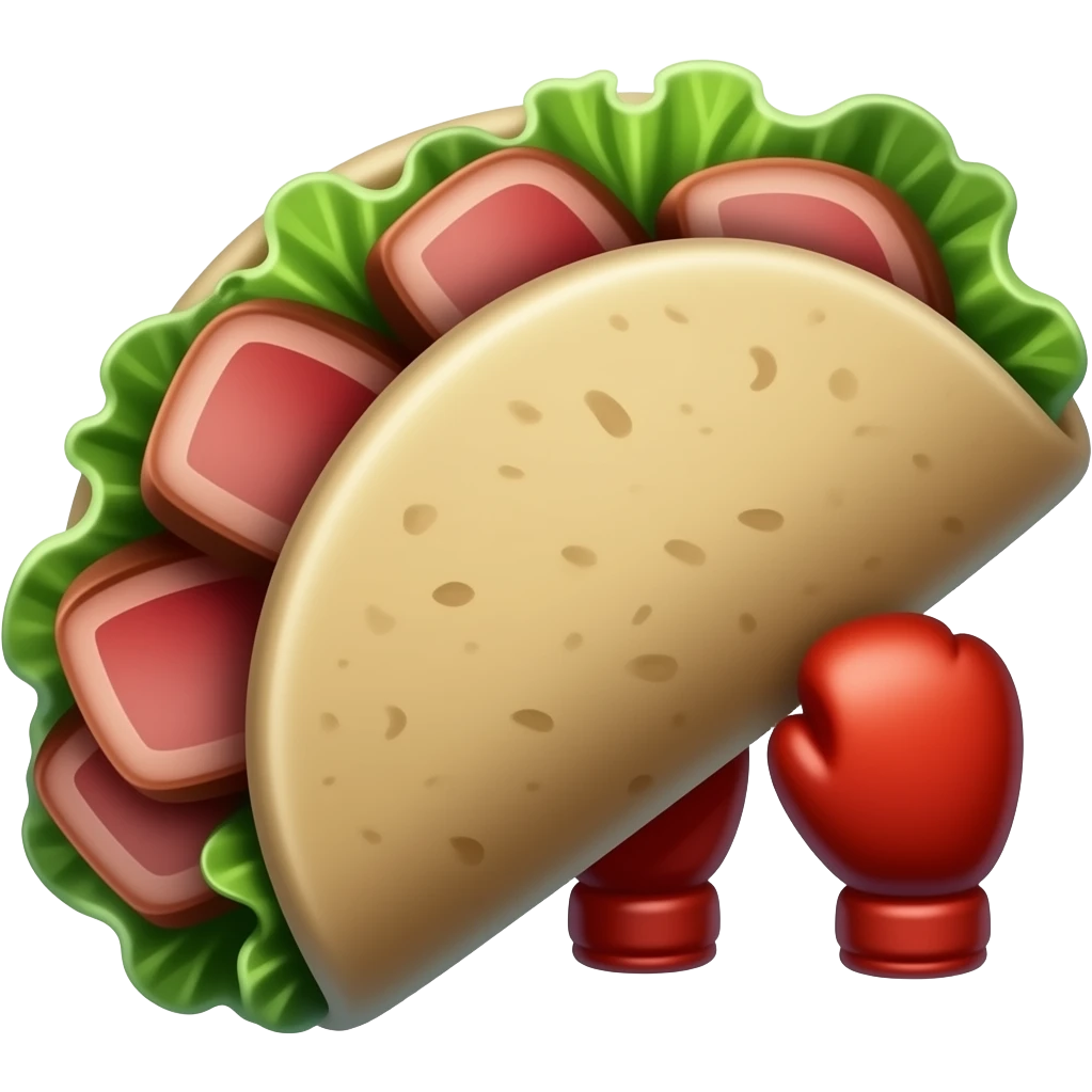 Doner kebab emoji in an open flatbread (not wrapped like a dürüm), visible filling with layered meat slices, lettuce, tomato and sauce, bread folded but open at the top, small boxing gloves, no arms or legs, clean glossy emoji style emoji