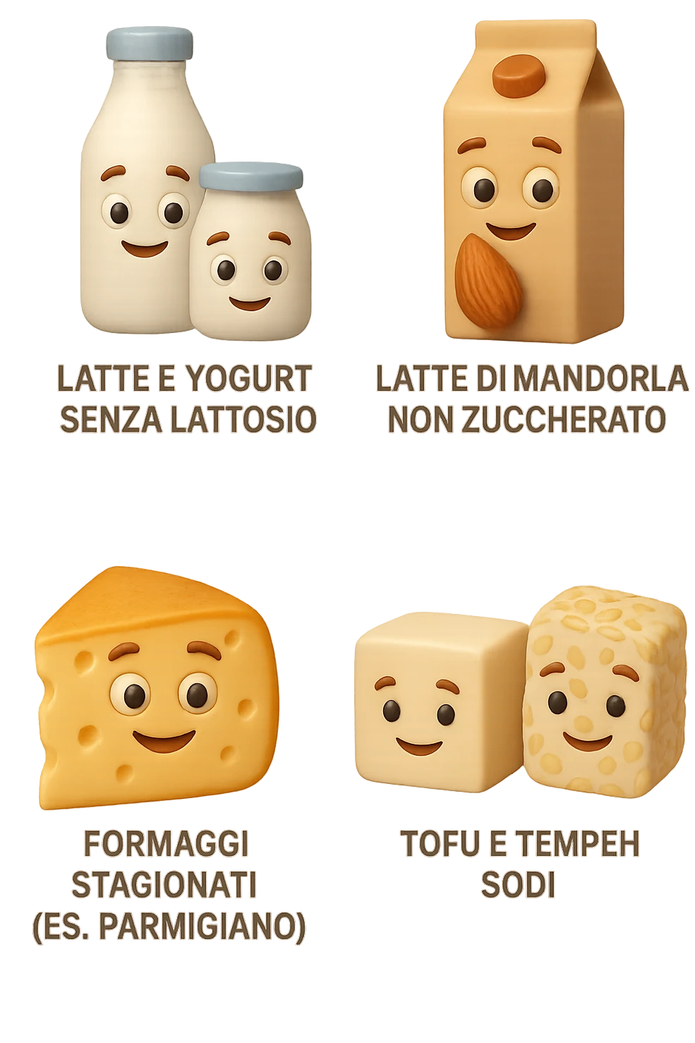 emoji stile iphone 3d di questi elementi che fluttuano in aria:

Latte e yogurt delattosati
Latte di mandorla (non zuccherato)
Latte di soia da proteine isolate
Formaggi stagionati (es. parmigiano)
Tofu compatto e tempeh
 che fluttuano in aria,  le etichette scrivile in italiano, iperealistico 4k emoji