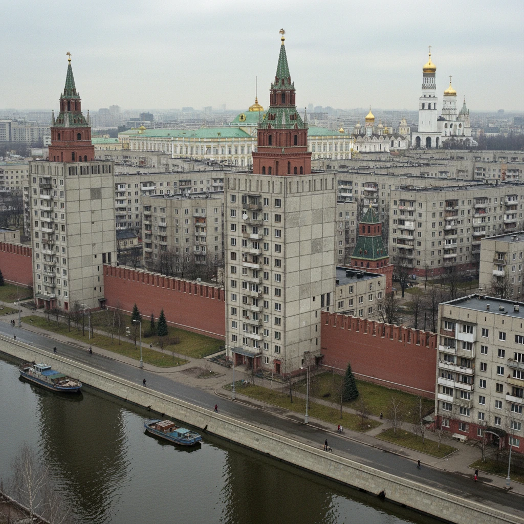 Московский Кремль, но как будто его скрестили с панельками Хрущева.

В стиле фотореализма emoji
