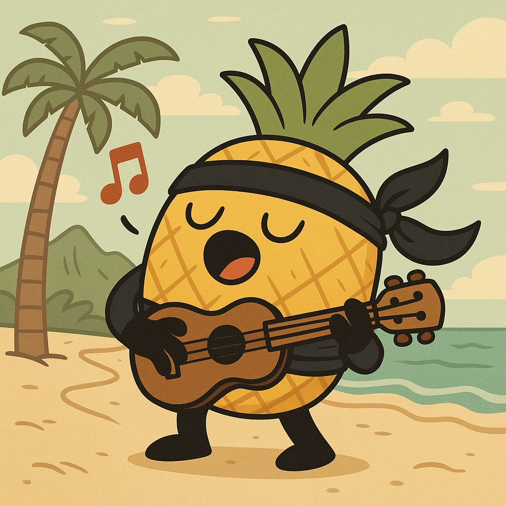 a pineapple singing in Hawaii, wearing a ninja costume, cartoon style emoji