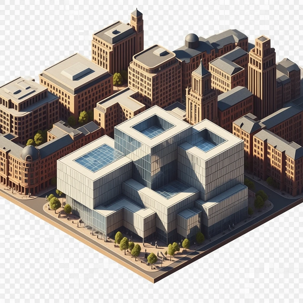 Isometric illustration of Birmingham, photorealistic the Library of Birmingham with its modern architecture, balanced between stylized and realistic, 3D miniature effect, transparent background. emoji