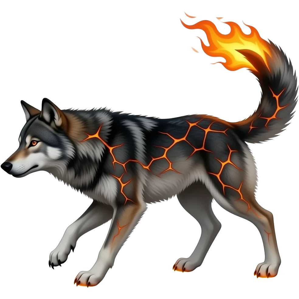 A lean volcanic wolf with ember-cracked fur and a tail that burns like a torch. It hunts at dusk and leaves glowing pawprints in ash. emoji