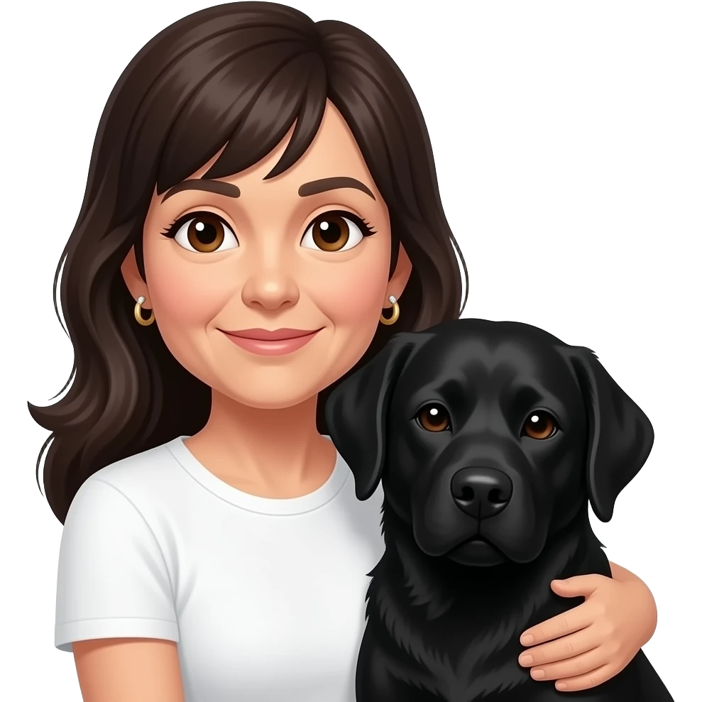 woman, 60s aged, long dark hair with fringe, small gold hoop earrings, brown eyes, cuddling black labrador, white t-shirt, diamond earrings emoji