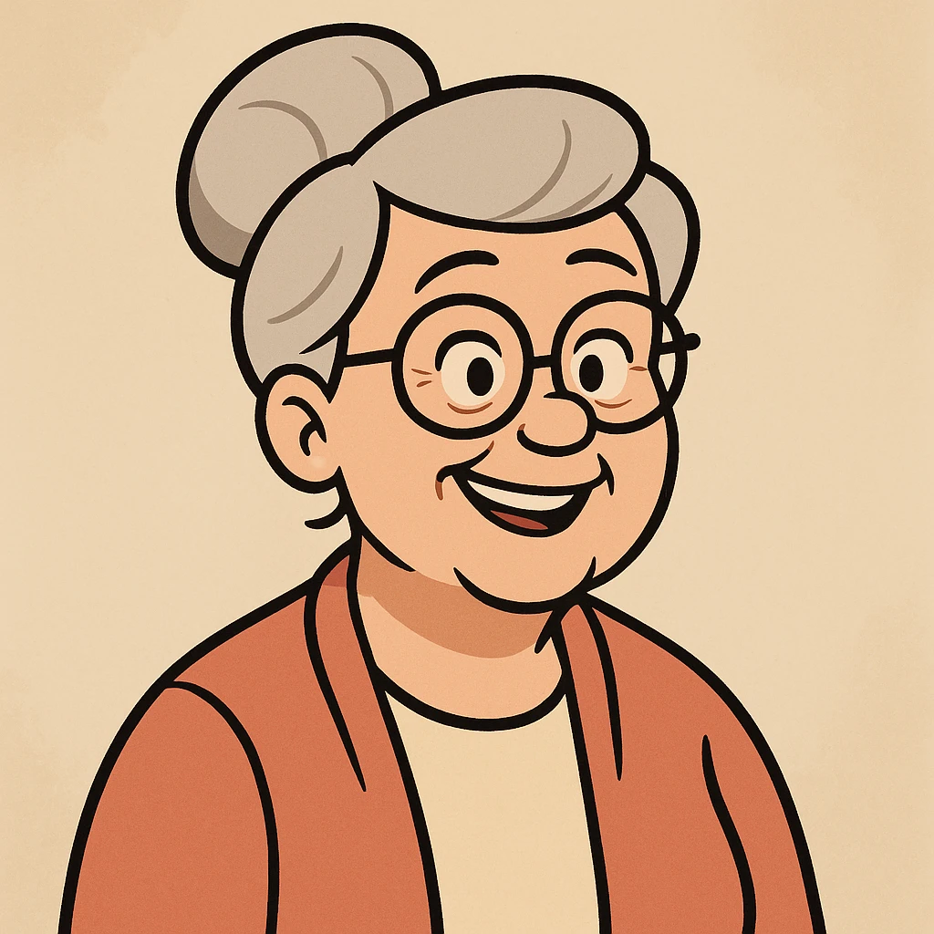 older woman with glasses, smiling, flat toon style, simple background emoji