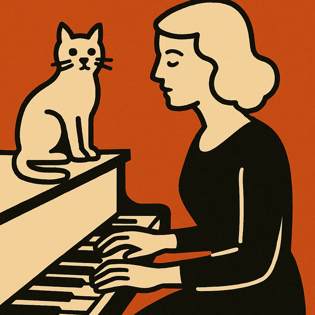woman playing piano while her cat sits on top of the piano emoji