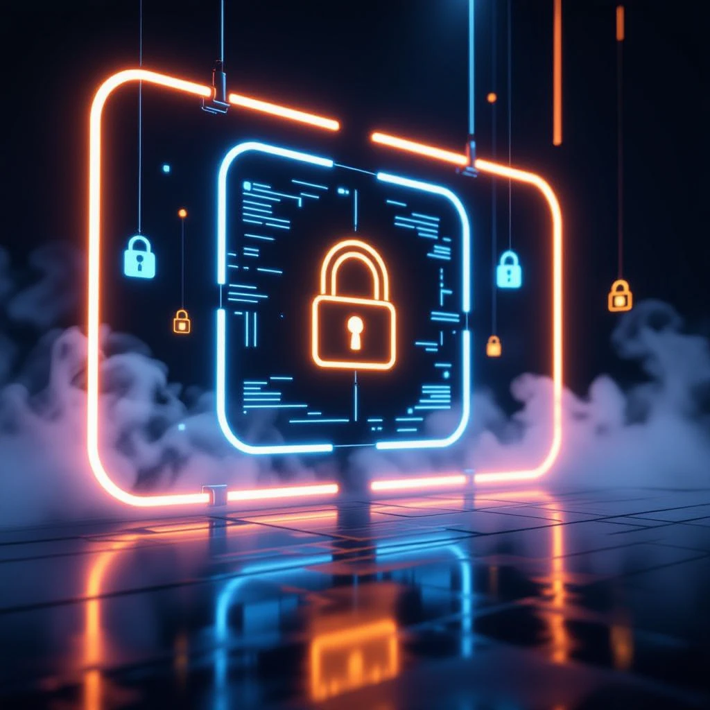 
Prominent neon lighting, glowing edges, soft digital mist, dramatic shadows, floating security icons, and subtle golden highlights.
Ultra-detailed, photorealistic, clean 16K look with bold, visible lighting. emoji