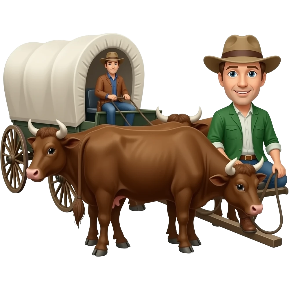 man sitting on seat of covered wagon with oxen turned sidweays emoji