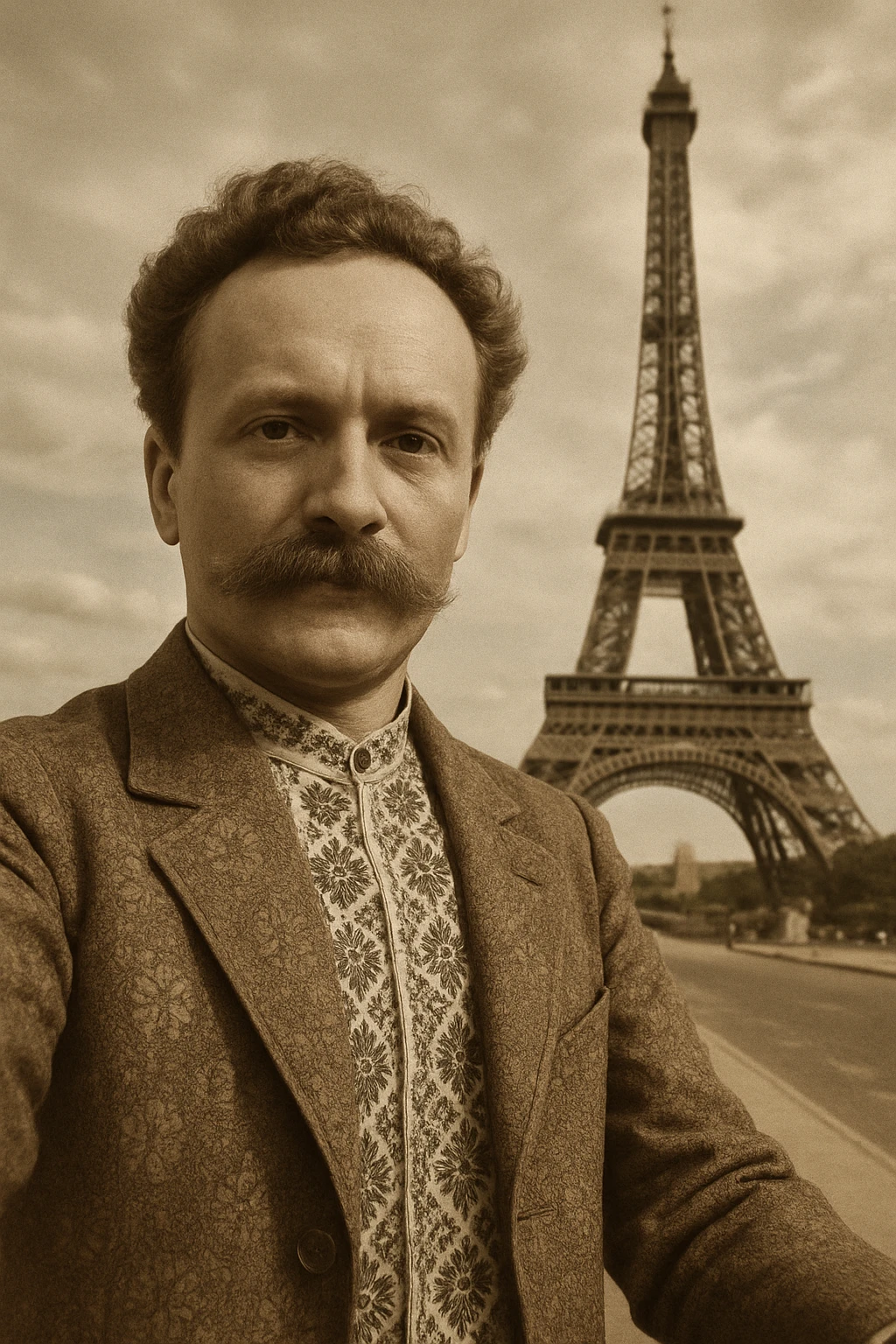 takes a selfie in front of the Eiffel Tower emoji
