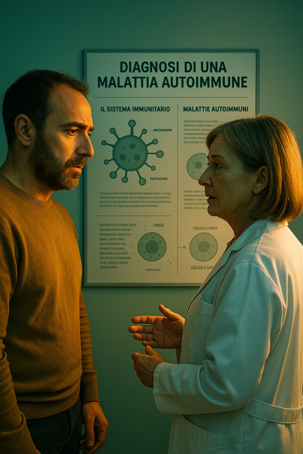 Realistic, detailed photo taken from behind of one doctor e un paziente —a bearded man and a middle-aged woman—standing and facing each other as they discuss an autoimmune disease diagnosis in front of a medical chart that displays information about the immune system and autoimmune conditions. The scene is illuminated by a yellowish, orange, warm light that softly envelops the doctors. The entire room is bathed in a single green-blue color, creating a cohesive and modern atmosphere. Both doctors wear white coats, and their body language suggests a serious, professional conversation about the complexities of autoimmune diseases. Shot with a Canon EOS R5, with high detail and natural depth of field. in italiano emoji