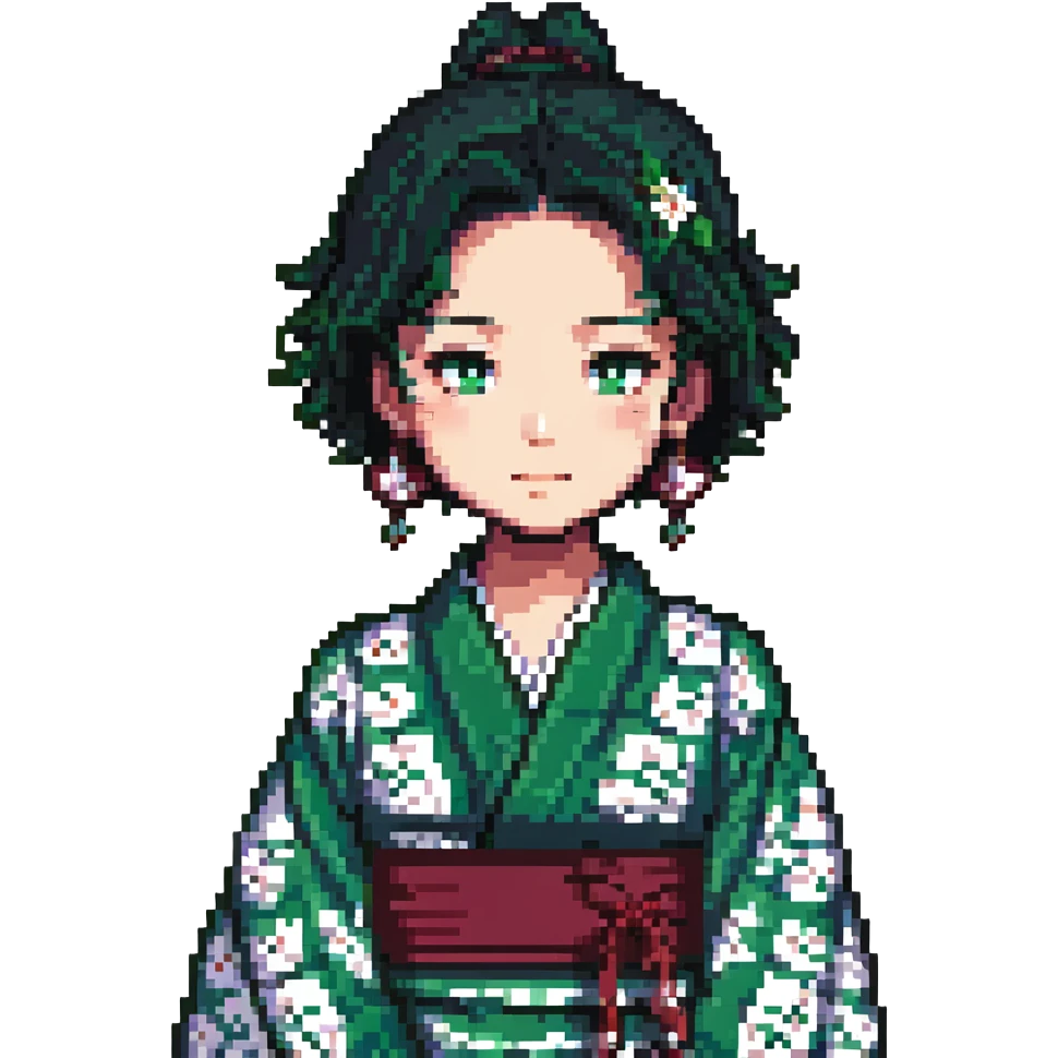 Tanjiro Kamado, pixel art style, green checkered haori, hanafuda earrings, short black hair with burgundy tips emoji