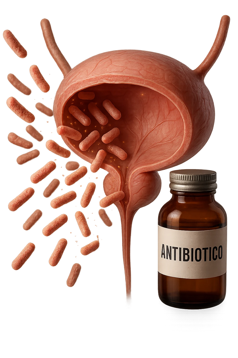 batteri intestinali che migrano ed entrano in una vescica anatomica realistica per infettarla, davanti a lei fluttua una boccetta con la scritta "ANTIBIOTICO", iperrealistico 4k emoji
