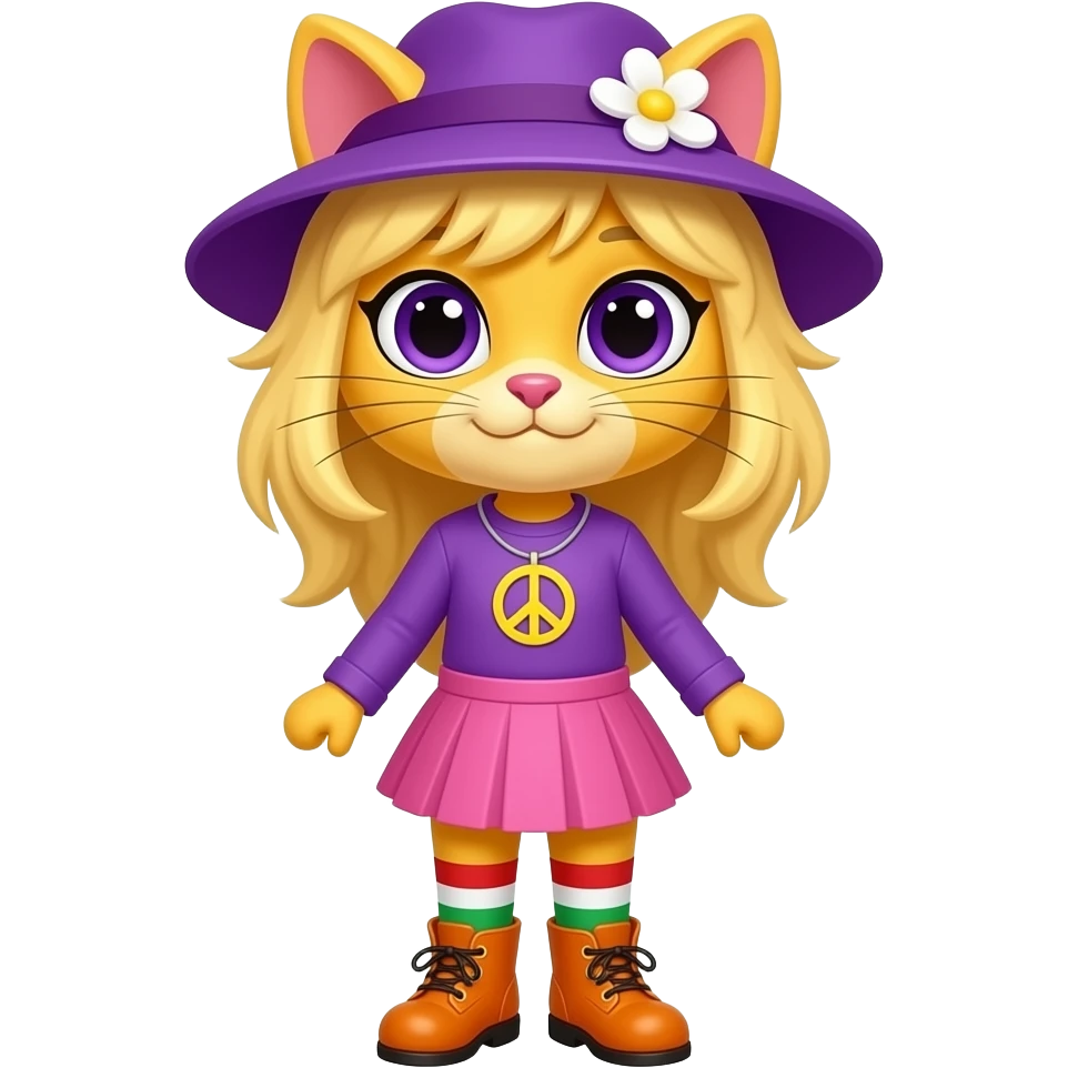 Yellow cat anthro with purple eyes blonde hair purple hat with white flower peace sign necklace  purple long sleeved shirt pink skirt  long red white green  socks orange boots with yellow buckles emoji