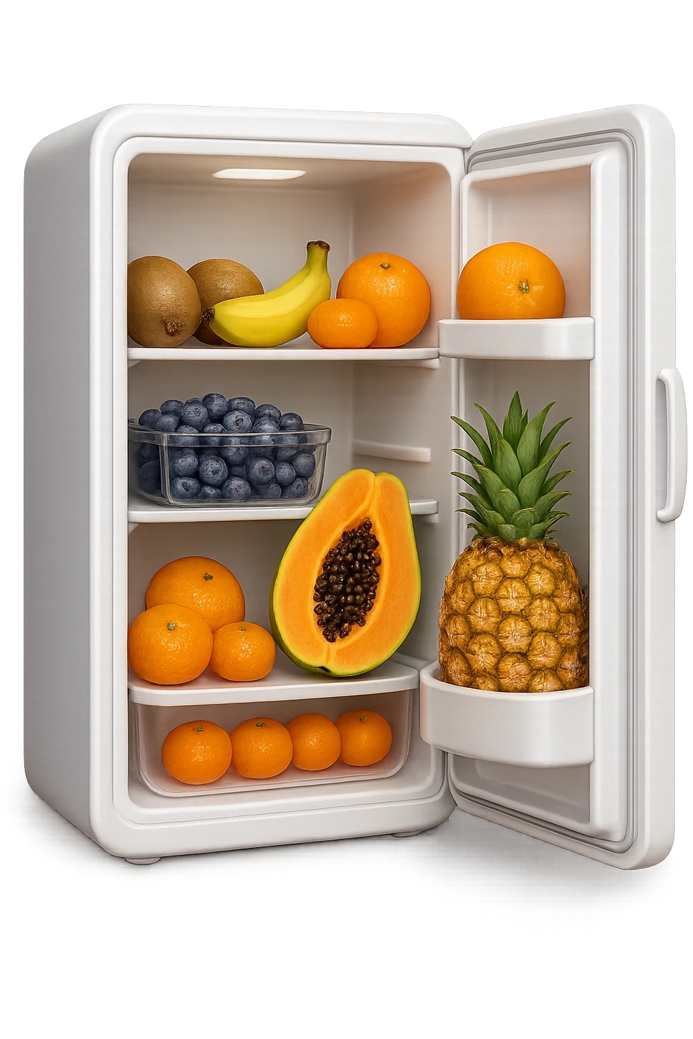 emoji stile iphone di un frigo aperto con dentro ben visibili questi alimenti: Kiwi
Banana acerba
Arance e mandarini
Mirtilli
Ananas
Papaya
IPERREALISTICO 4K emoji