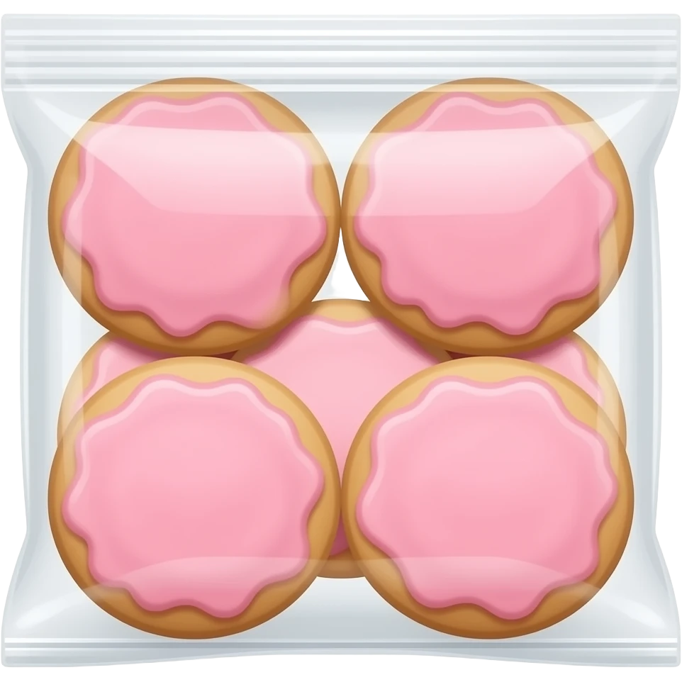 6 sugar cookies with pink frosting packaged in a transparent hard plastic container emoji