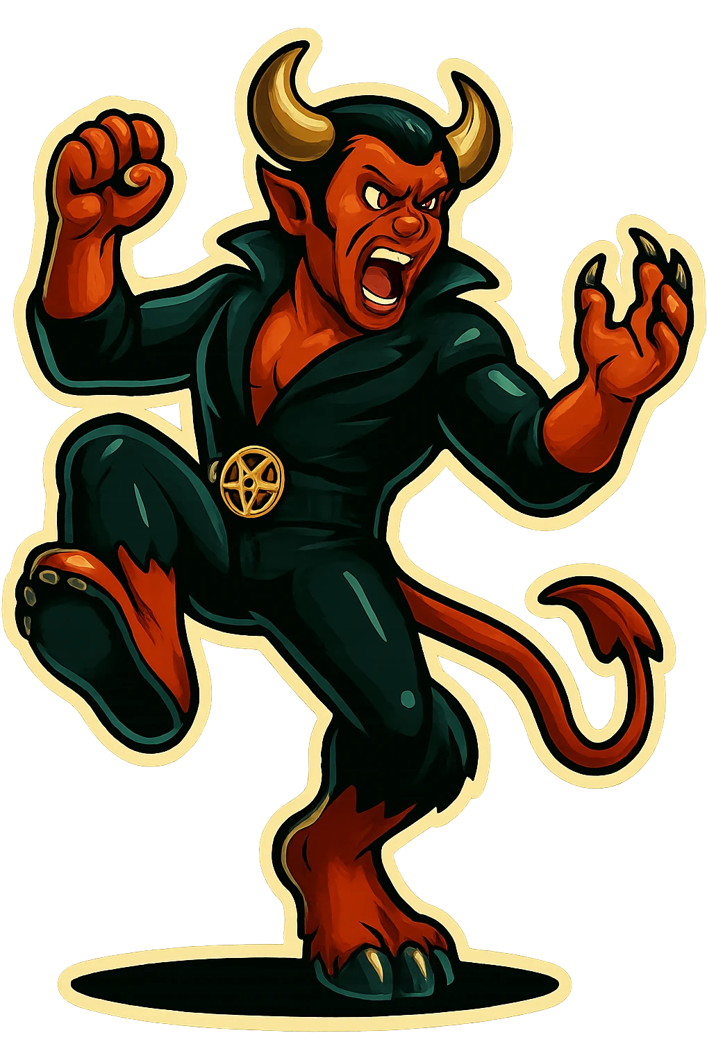 Create an image of the character performing a big, dramatic stomp with one foot raised and coming down, in the same retro sticker style. The background should be transparent and no other characters or elements should be included, just the stomp pose. emoji