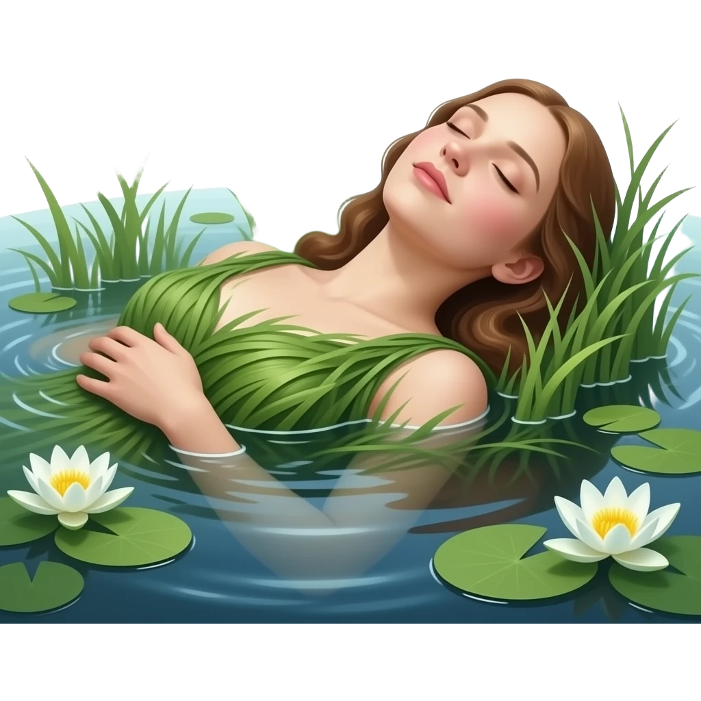 realistic ethereal Ophelia lies in the water wrapped in grass and water lilies - a scene from the original painting by John Everett Miles emoji