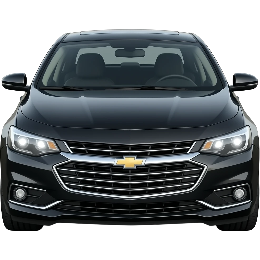 A realistic, high-detail photograph of a glossy black Chevrolet Malibu 2 Turbo Premier sedan with tinted windows and black alloy rims, bright LED headlight balls emitting a dinamic brighting glowing effect emoji