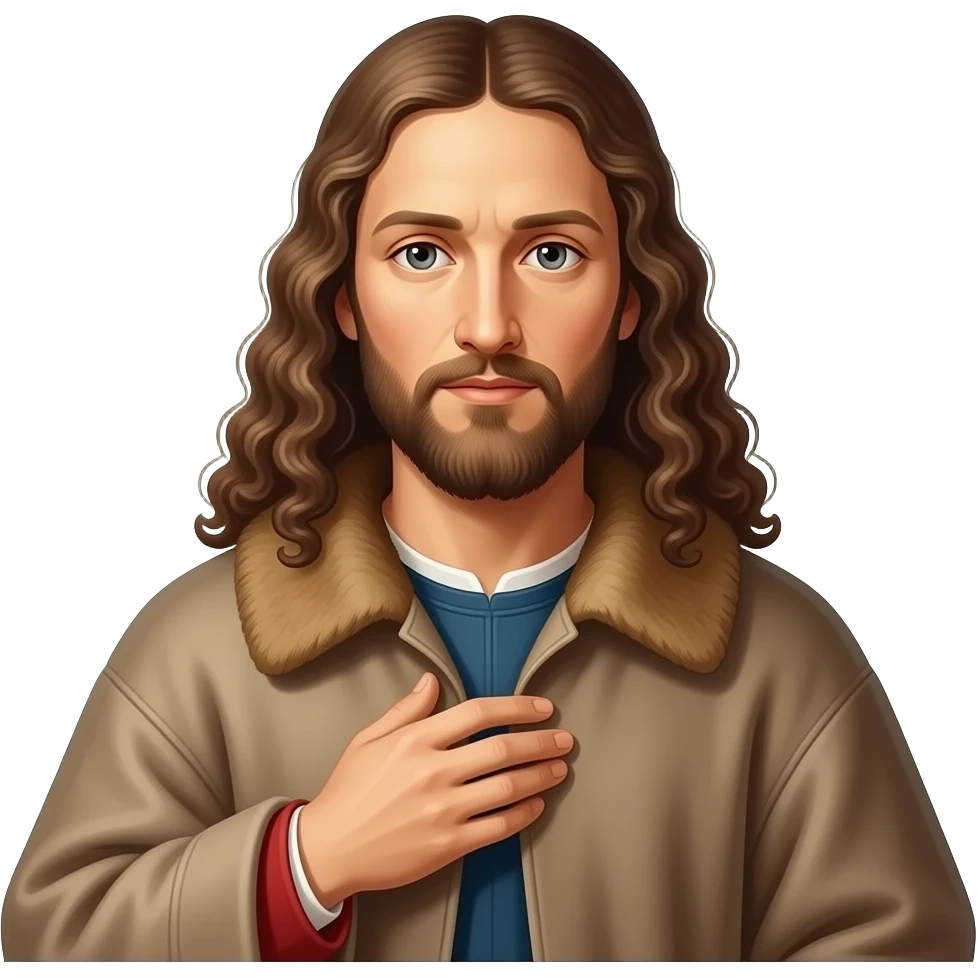 aesthetic divine lighting, oil paint - en face Albrecht Dürer Renaissance self-portrait with long curly hair in a cloak with a fur collar, in Renaissance dress, holding the fur collar with his left hand - contemporary representations of Christ emoji