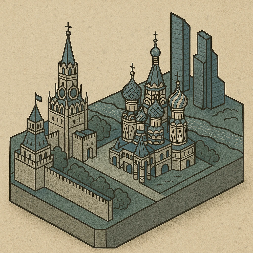 Изометричная миниатюрная 3D модель Москвы на подставке - фотореалистичный Кремль, собор Василия Блаженного, Сити, аккуратная детализация, яркие цвета мультяшный реализм, компактная композиция,  вид сверху в изометрии emoji